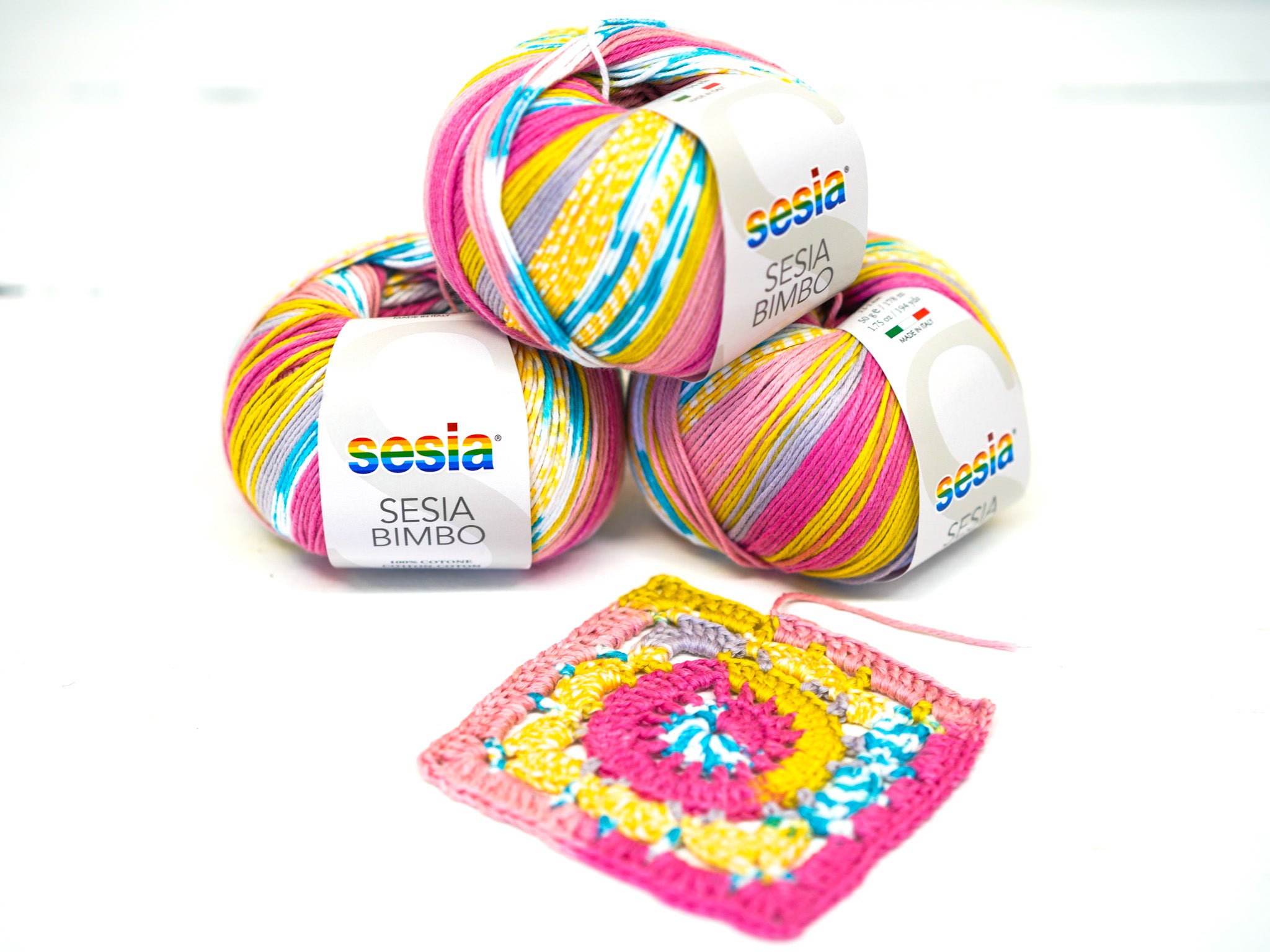 SESIA Bimbo Baumwollgarn in Gelb-Blau-Rosa – 100 % Baumwolle – 50 g / 178 m