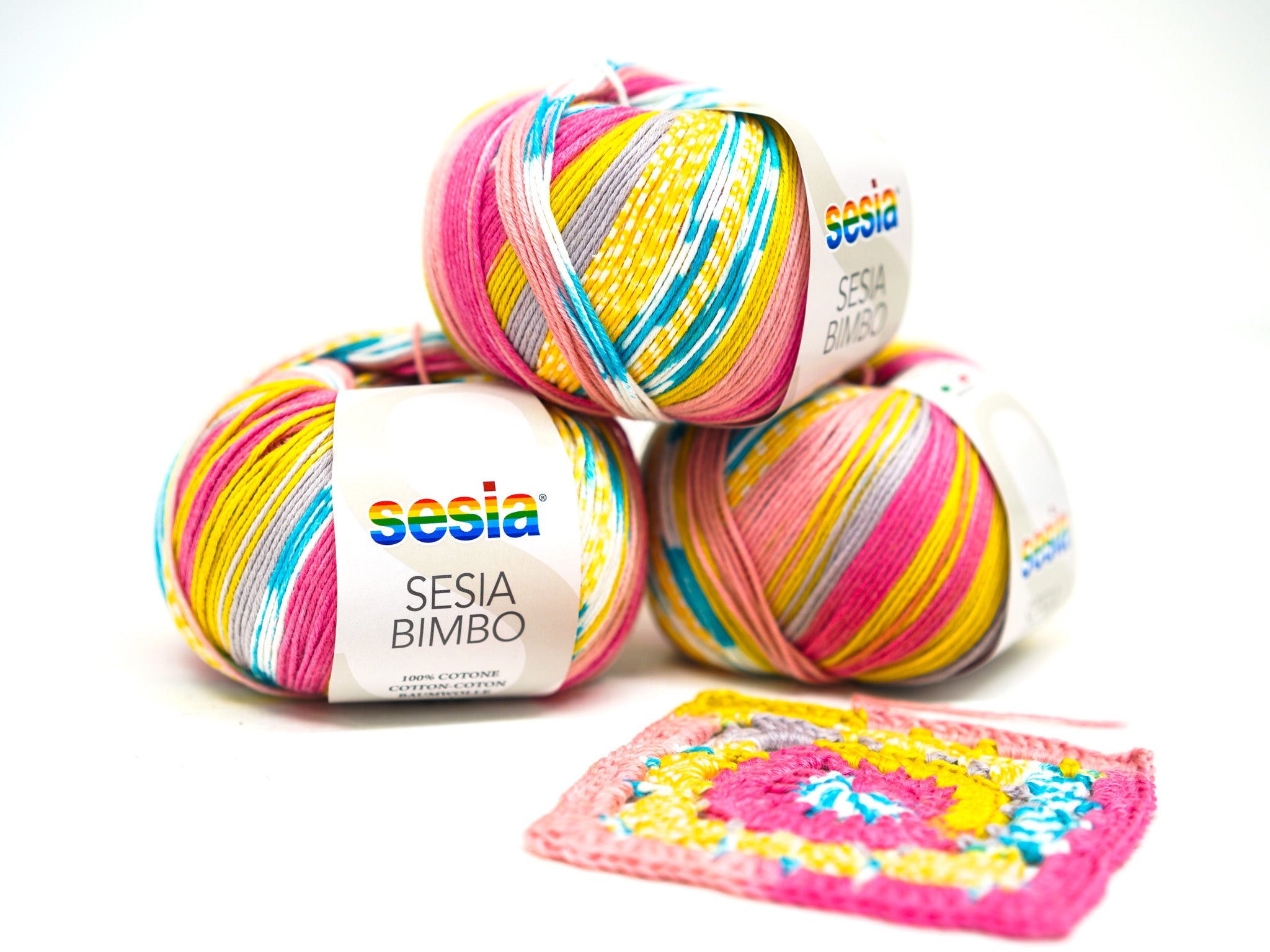SESIA Bimbo Baumwollgarn in Gelb-Blau-Rosa – 100 % Baumwolle – 50 g / 178 m