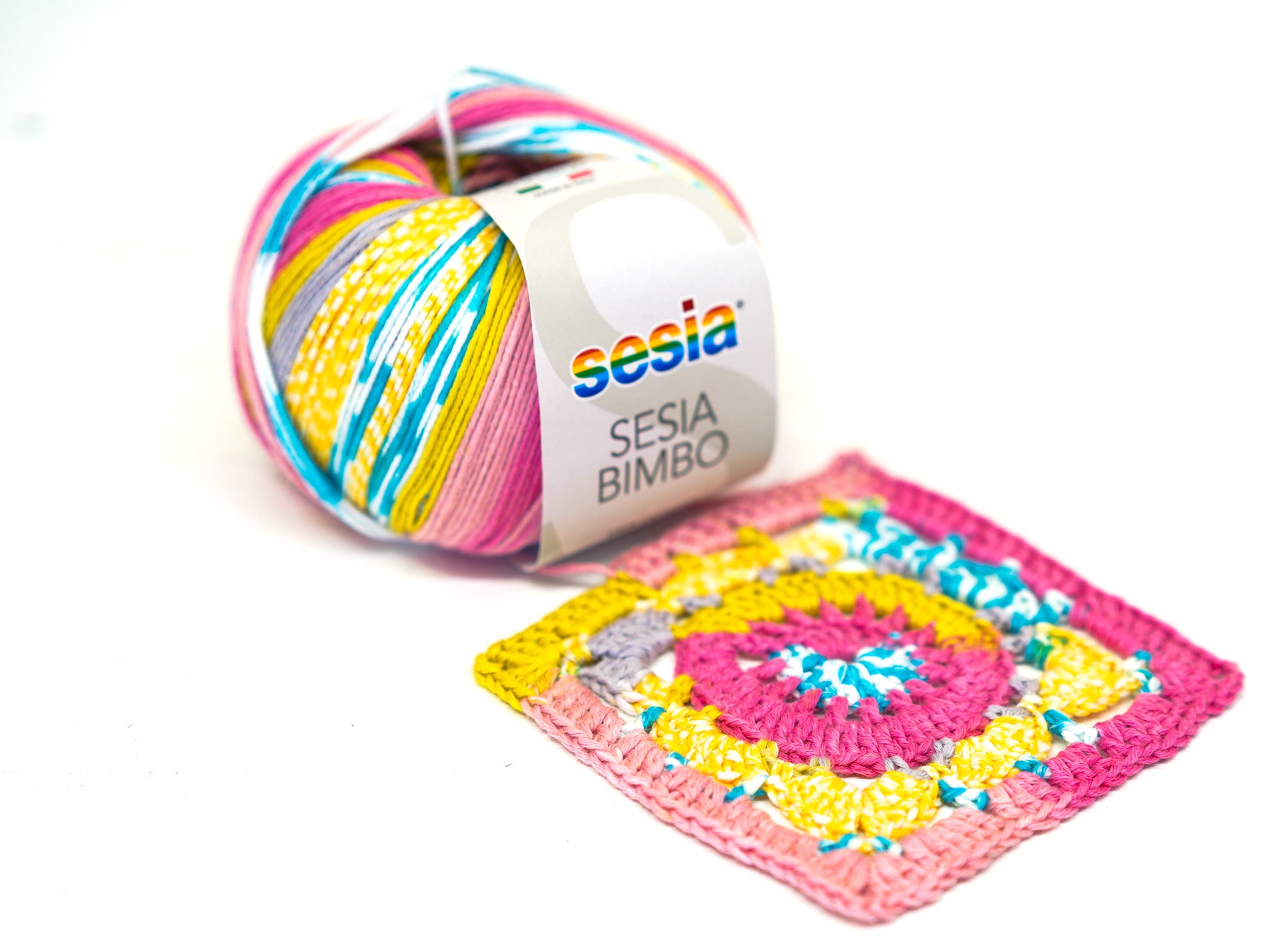 SESIA Bimbo Baumwollgarn in Gelb-Blau-Rosa – 100 % Baumwolle – 50 g / 178 m