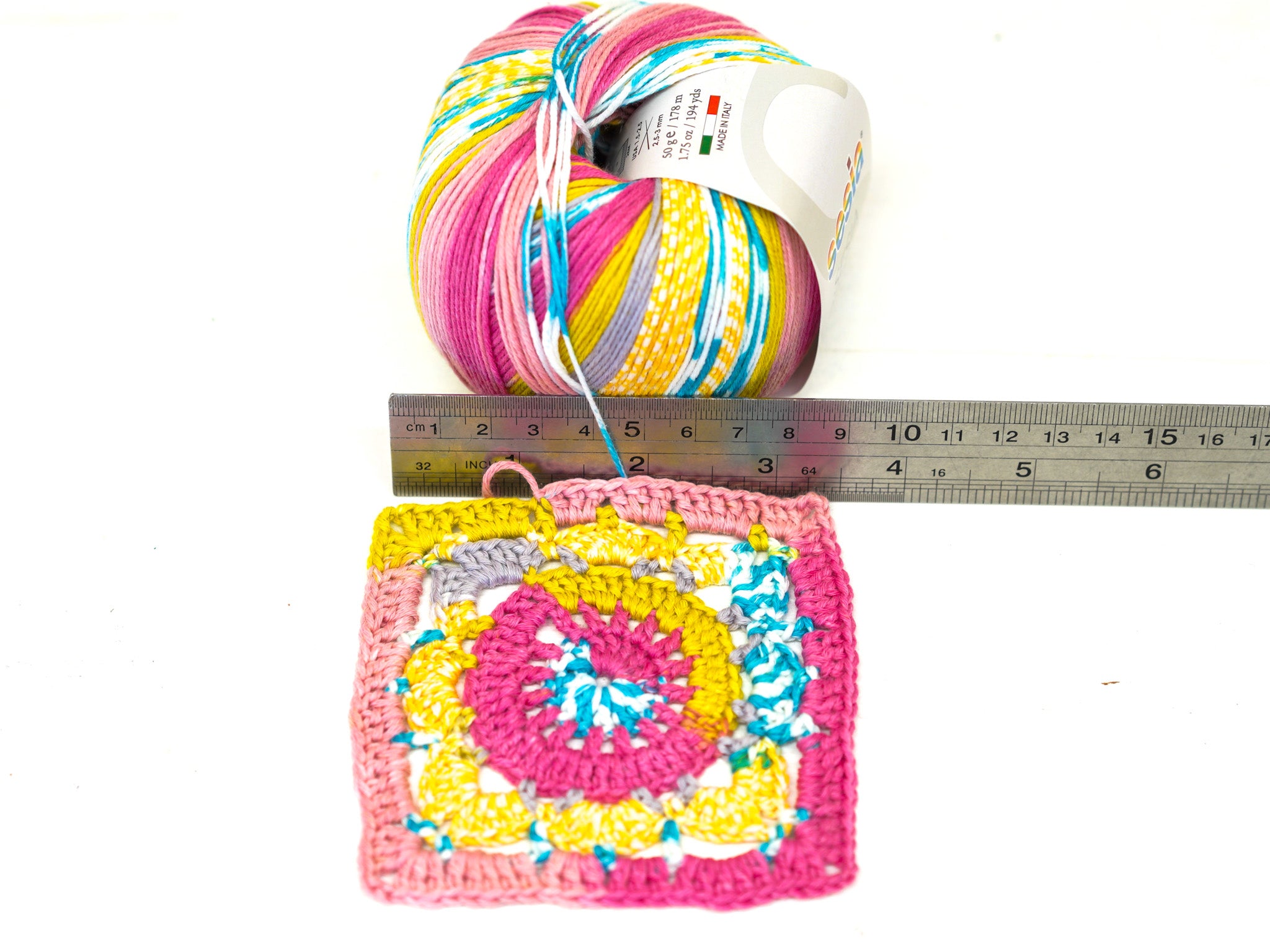 SESIA Bimbo Baumwollgarn in Gelb-Blau-Rosa – 100 % Baumwolle – 50 g / 178 m