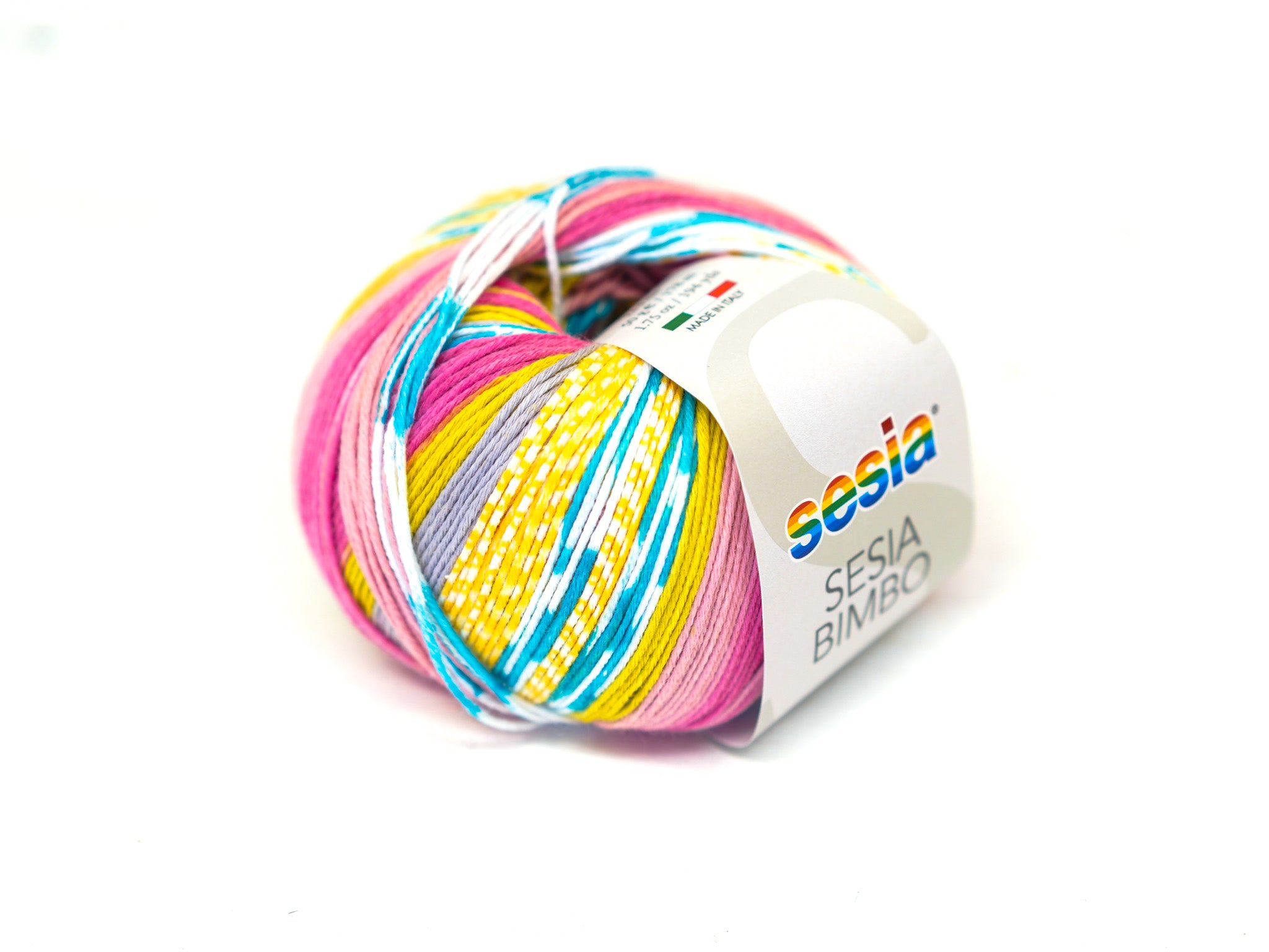 SESIA Bimbo Baumwollgarn in Gelb-Blau-Rosa – 100 % Baumwolle – 50 g / 178 m