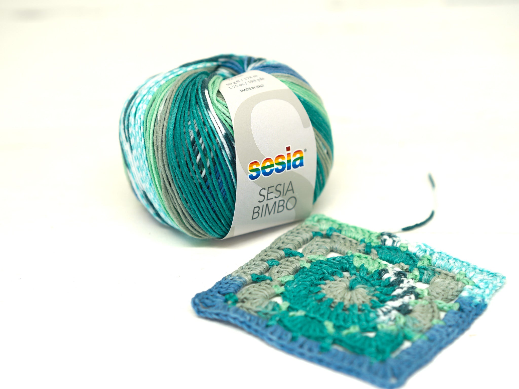 Blau/grünes SESIA Bimbo Baumwollgarn – handgefärbt – 100 % Baumwolle – 50 g / 178 m