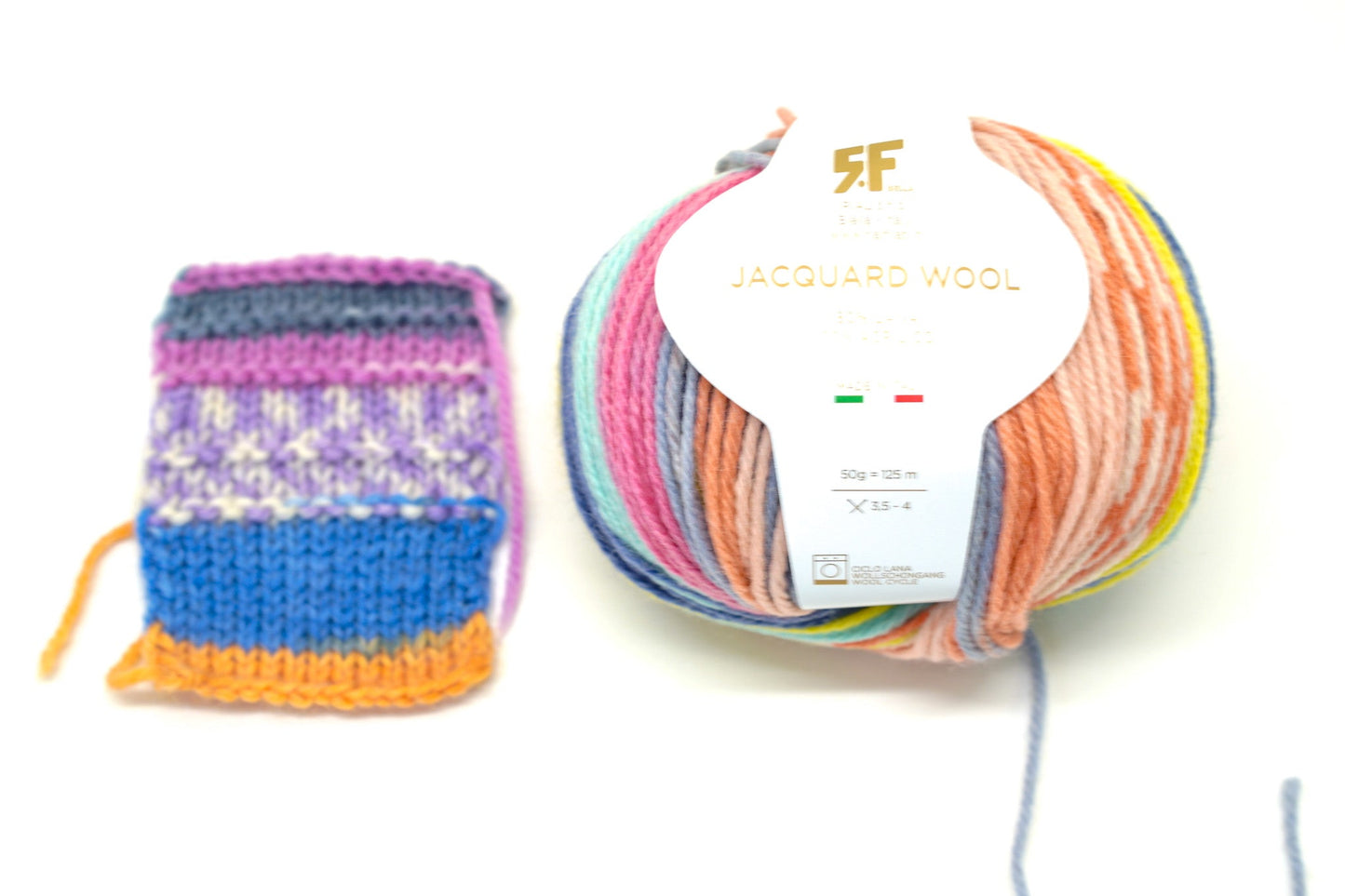 Blue-yellow-mint Jacquard 80% wool blend 50g./125m soft wool Rial Filati - 809