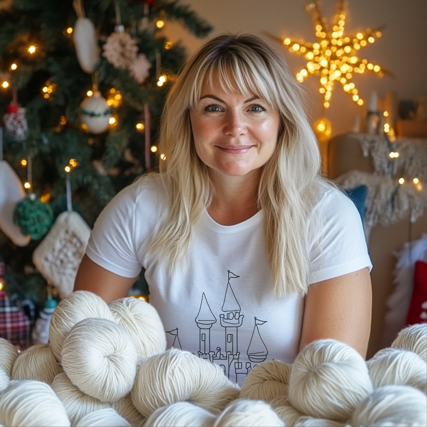 White T-shirt with Castle of Yarn Print, Yarn Lover Gift, Knitting Shirt, Crochet Enthusiast Tee, Gift for Knitter, Knit Apparel 100% Cotton
