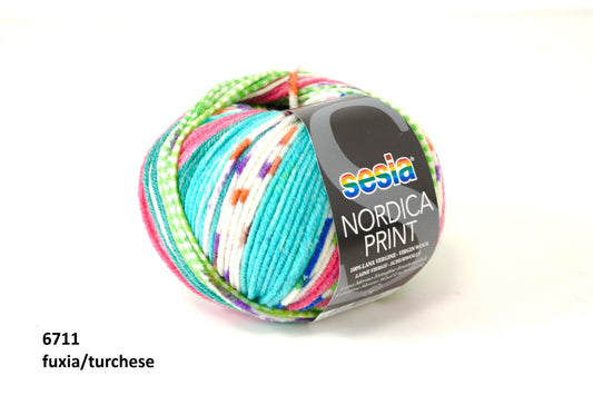 Sesia Nordica print merino virgin wool  - fuxia/turchese 6711