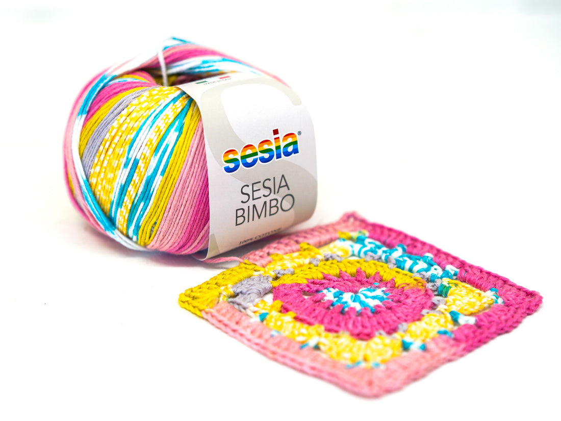 SESIA Bimbo Baumwollgarn in Gelb-Blau-Rosa – 100 % Baumwolle – 50 g / 178 m