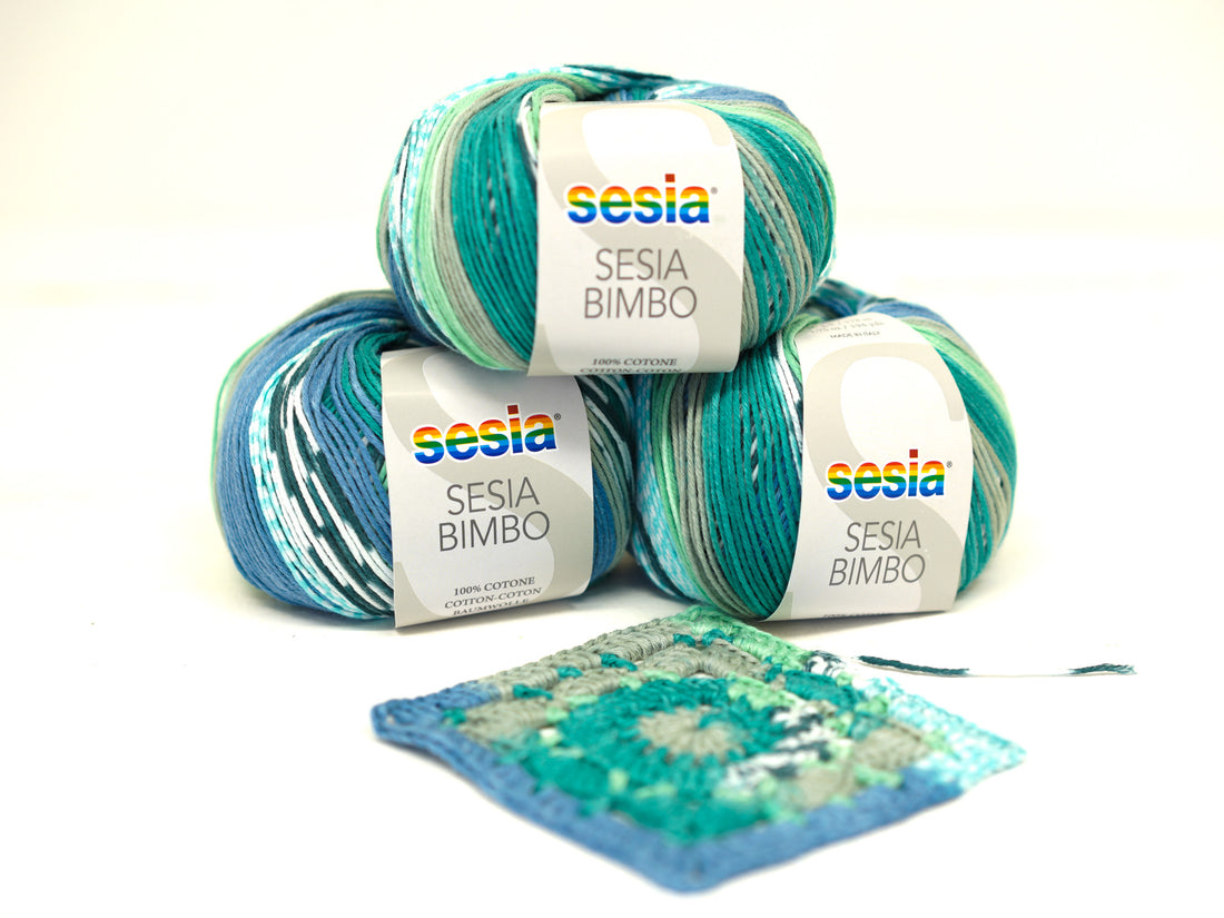 Blau/grünes SESIA Bimbo Baumwollgarn – handgefärbt – 100 % Baumwolle – 50 g / 178 m